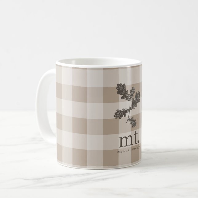 Autumn Fall Taupe Plaid Modern Foliage Monogram Coffee Mug (Front Left)