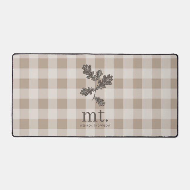 Autumn Fall Taupe Plaid Modern Foliage Monogram Desk Mat (Front)