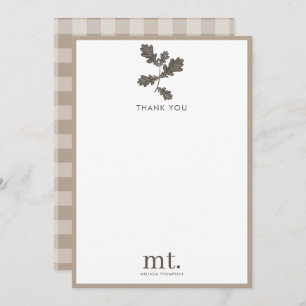 Autumn Fall Taupe Plaid Modern Foliage Monogram Thank You Card