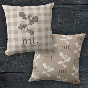 Autumn Fall Taupe Plaid Modern Monogram Initials Cushion
