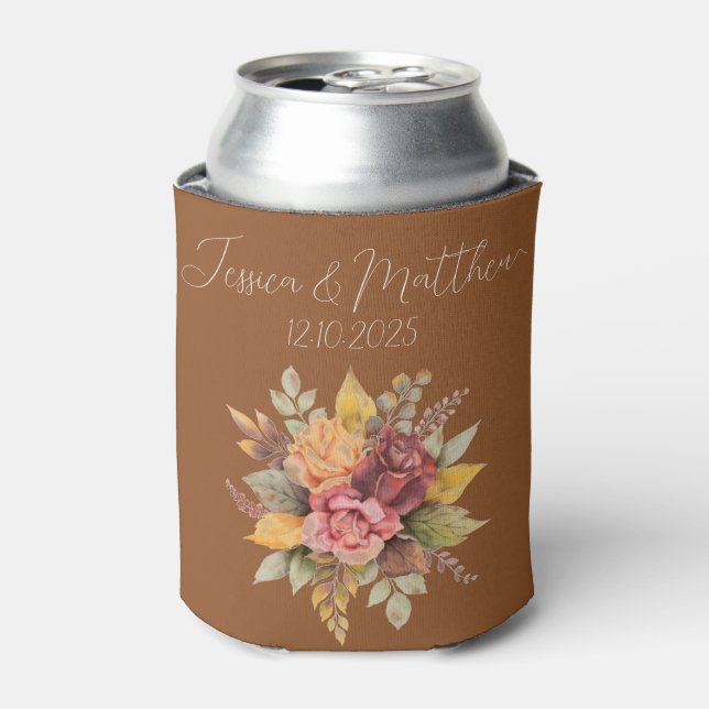 Autumn Fall Terracotta Rustic Watercolor Wedding Can Cooler (Can Front)