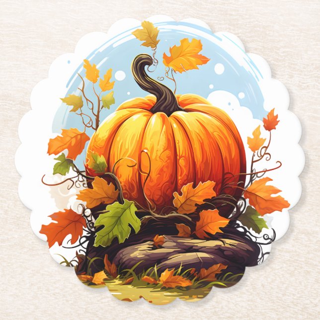 Autumn Fall Thanksgiving Pumpkin Paper Coasters (Front)