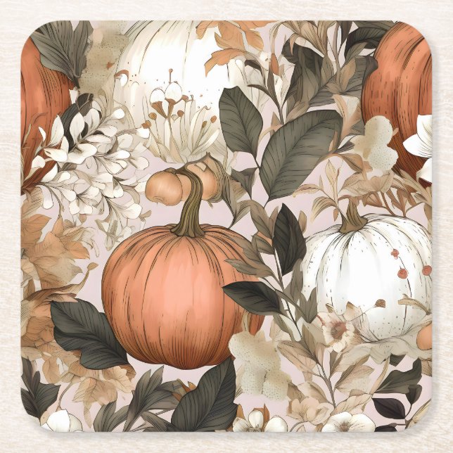 Autumn / Fall Thanksgiving pumpkins Square Paper Coaster (Front)