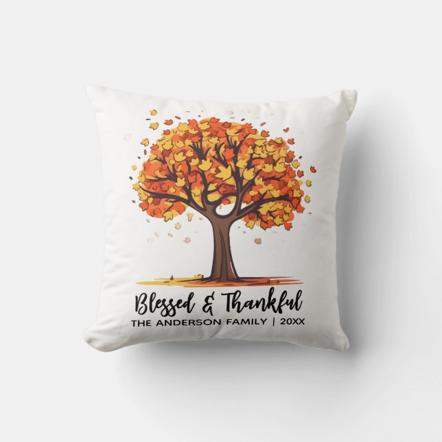 Autumn Fall Tree Happy Thanksgiving Blessed Cushion (Front)