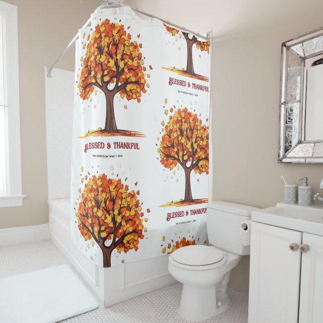 Autumn Fall Tree Happy Thanksgiving Blessed  Shower Curtain (In Situ)