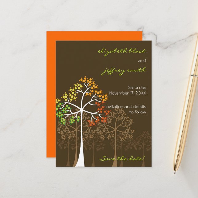 Autumn Fall Trees Woodland Wedding Save The Date Announcement Postcard (Front/Back In Situ)