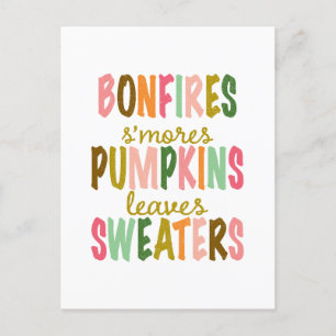 Autumn Fall Typography Bonfires Pumpkins Sweaters Postcard