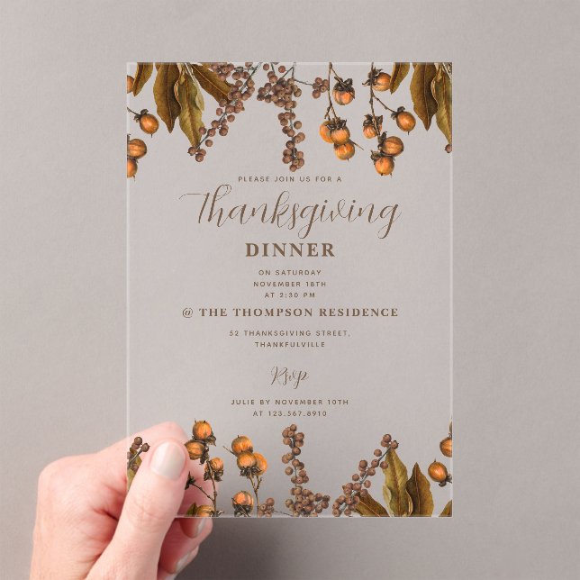 Autumn Fall Watercolor Foliage Thanksgiving Dinner Acrylic Invitations (Insitu (Handheld))