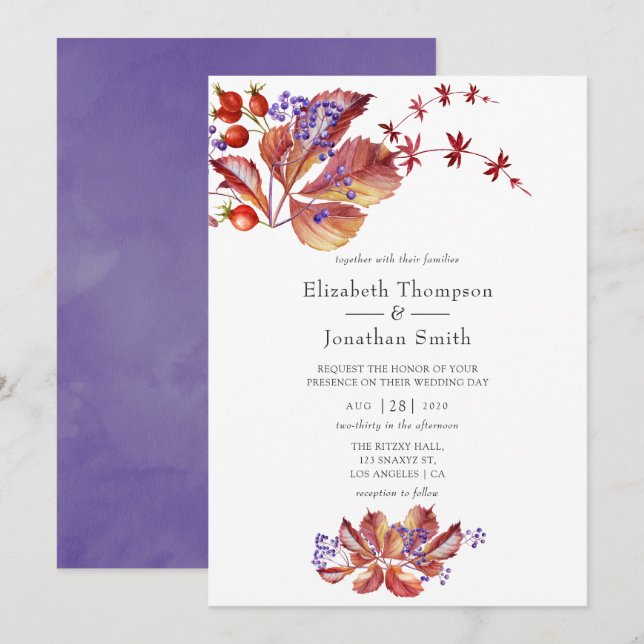Autumn - Fall Watercolor Holiday Wedding Invitation (Front/Back)