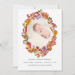 Autumn - Fall Watercolor Leaves Birth Announcement