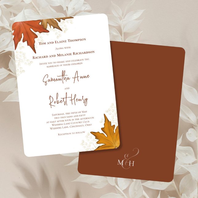Autumn Fall Watercolor Leaves Custom Wedding Invitation (Fall leaves watercolor foliage invitations.)