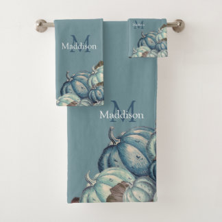 Autumn Fall  Watercolor Pumpkin Rustic Dusty Blue Bath Towel Set