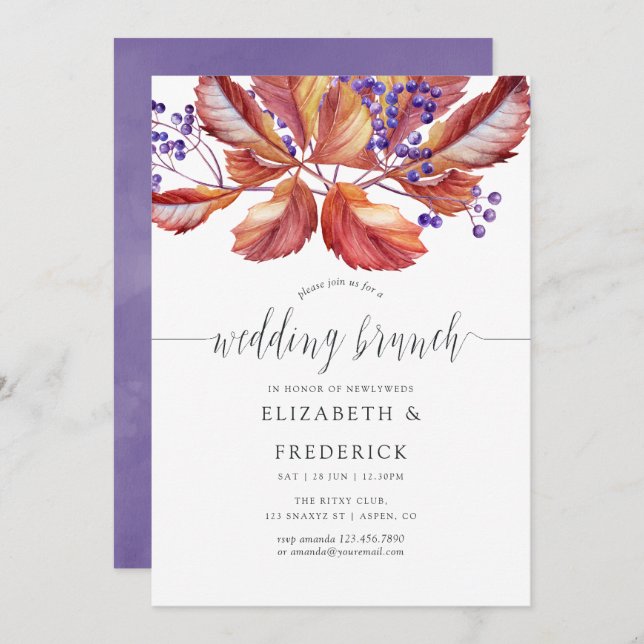 Autumn - Fall Watercolor Wedding Brunch invitation (Front/Back)