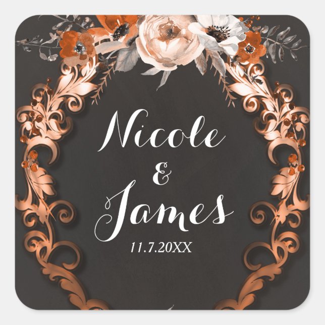 Autumn Fall Wedding Orange Floral Flowers Favour Square Sticker (Front)
