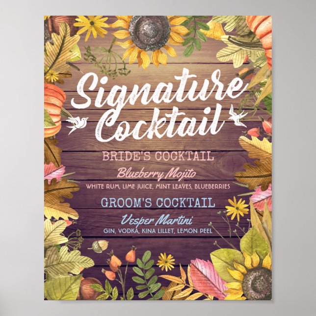 Autumn Fall Wedding Signature Cocktail Drink Menu Poster (Front)