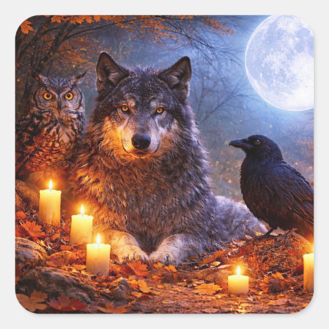Autumn Fall Wolf Raven and Owl Enchanting Square Sticker (Front)