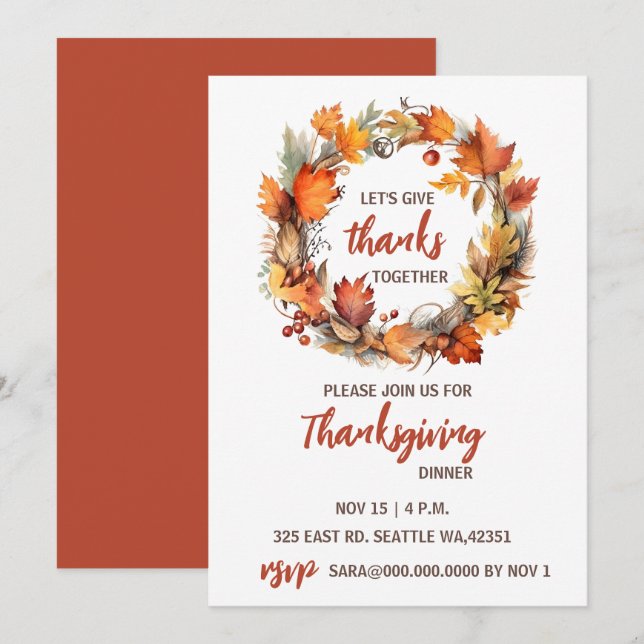 Autumn Fall Wreath Thanksgiving Dinner Invitation (Front/Back)