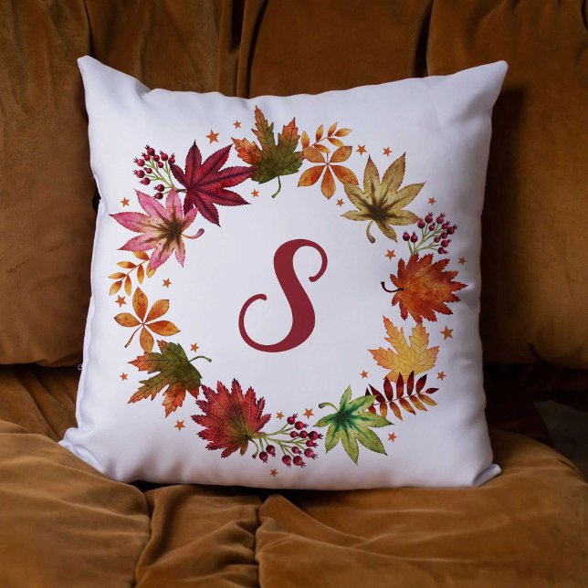Autumn Fallen Leaves Wreath With Monogram Cushion (Autumn Falling Leaves Wreath With Monogram Throw Pillow)