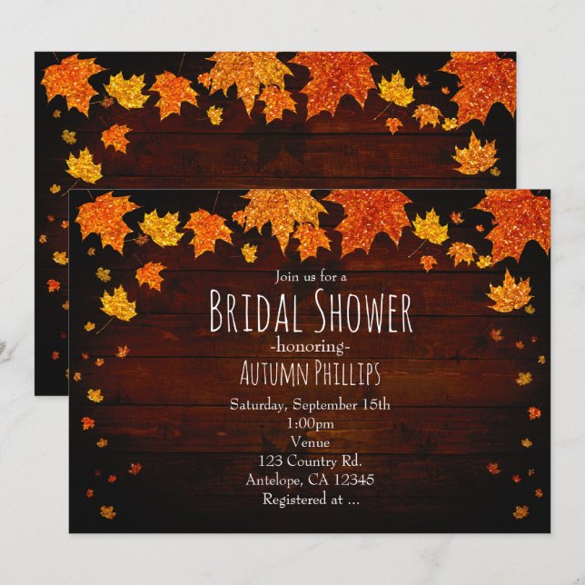 Autumn Falling Glittery Leaves Rustic Invitations (Front/Back)