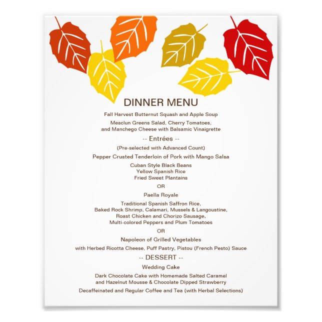 Autumn Falling Leaves 8x10 Table Menu for Framing Photo Print (Front)