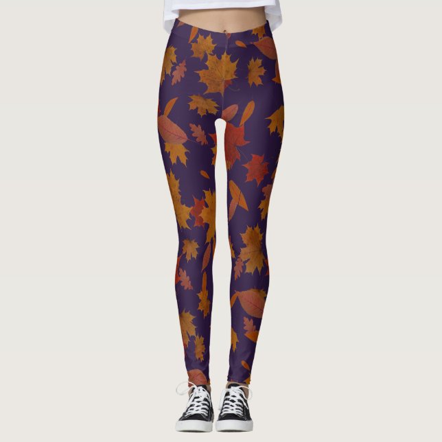 Autumn Falling Leaves on Custom Dark Indigo Leggings (Front)