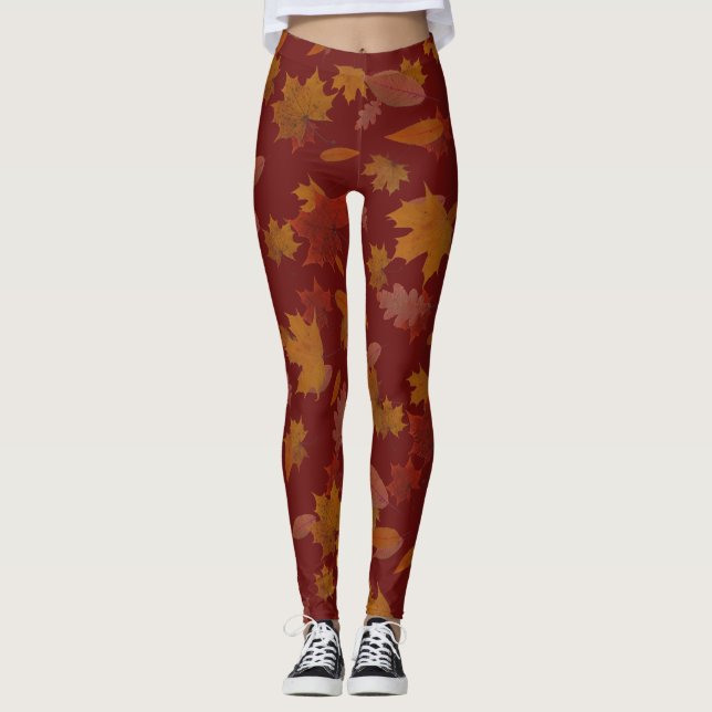 Autumn Falling Leaves on Custom Wine Red Leggings (Front)