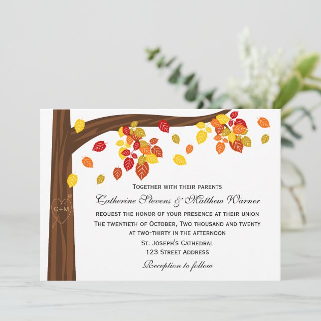 Autumn Falling Leaves Wedding Invitation (Standing Front)