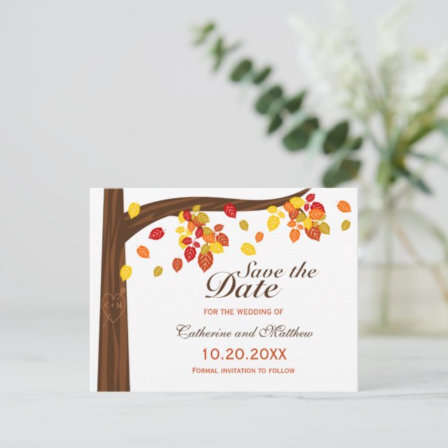 Autumn Falling Leaves Wedding Save The Date Announcement Postcard (Standing Front)
