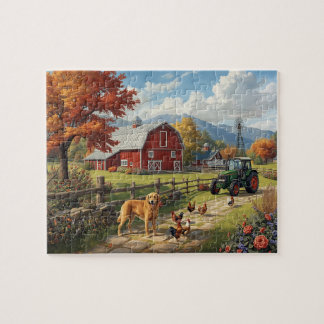 Autumn Farm Dog Tractor Red Barn Fall Scene Jigsaw Puzzle