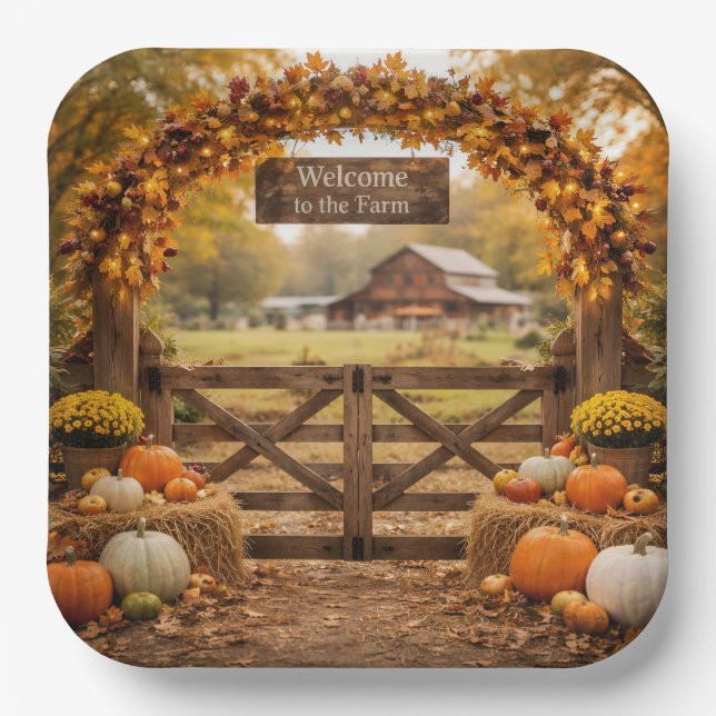 Autumn Farm Gate Paper Plate (Front)