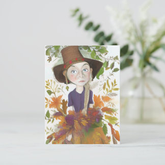 Autumn Farm Girl with Flowers Art Card