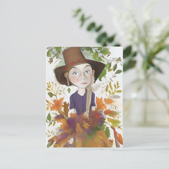 Autumn Farm Girl with Flowers Art Card (Standing Front)