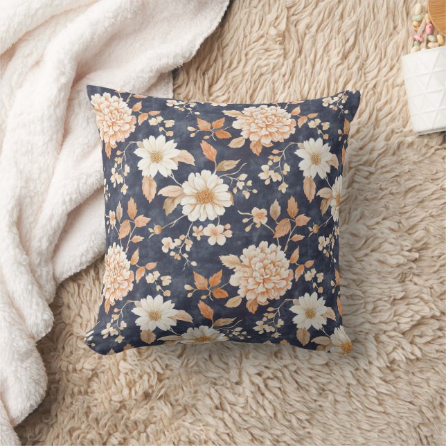 Autumn Farmhouse Fall Throw Blue Floral Cushion (Blanket)