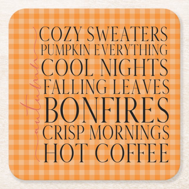 Autumn Favourites on Gingham Square Paper Coaster (Front)