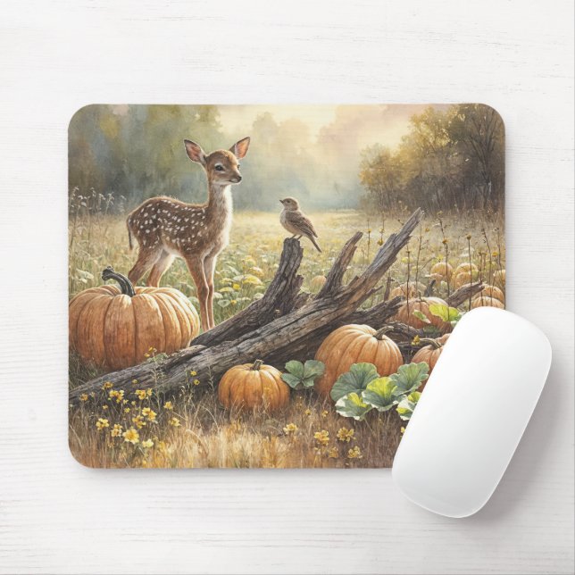 Autumn Fawn In a Pumpkin Patch Mouse Mat (With Mouse)