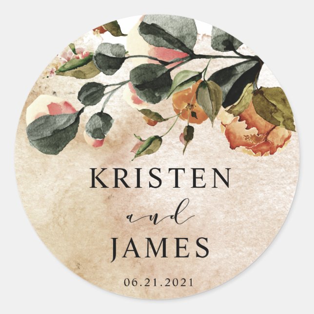 autumn feel elegant floral monogram wedding classic round sticker (Front)