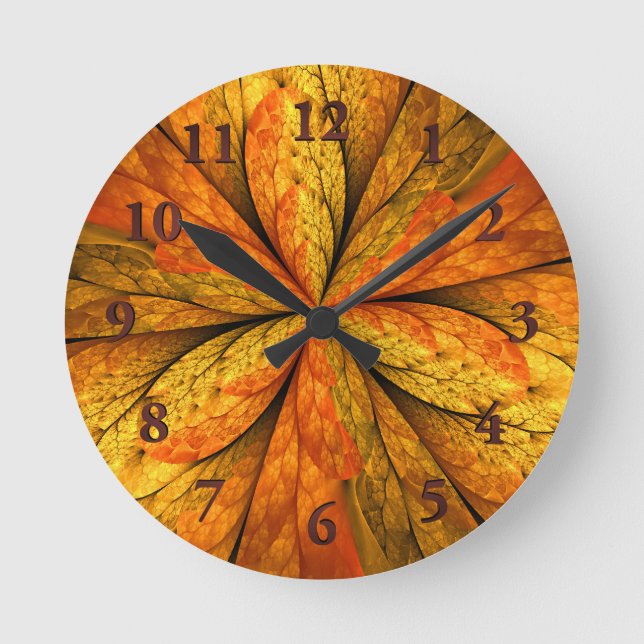 Autumn Feeling, Modern Abstract Fractal Flower Round Clock (Front)