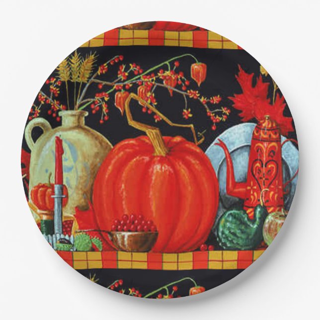 Autumn Festive Antique Painting Pumpkin Decoration Paper Plate (Front)