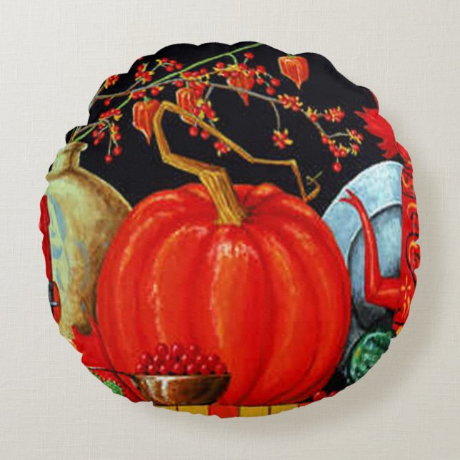 Autumn Festive Antique Painting Pumpkin Decoration Round Cushion (Front)