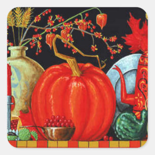 Autumn Festive Antique Painting Pumpkin Decoration Square Sticker