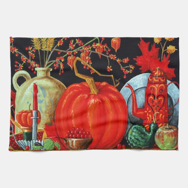 Autumn Festive Antique Painting Pumpkin Decoration Tea Towel (Horizontal)