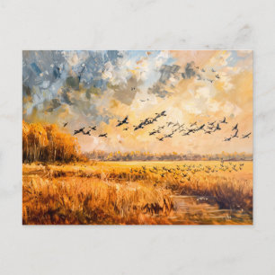 Autumn field with birds impressionism oil holiday postcard