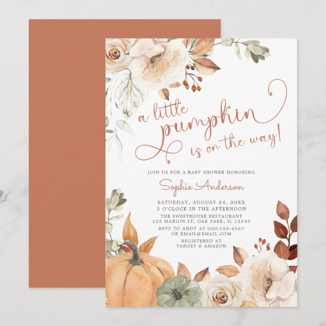  Autumn Floral A Little Pumpkin Fall Baby Shower I Invitation (Front/Back)