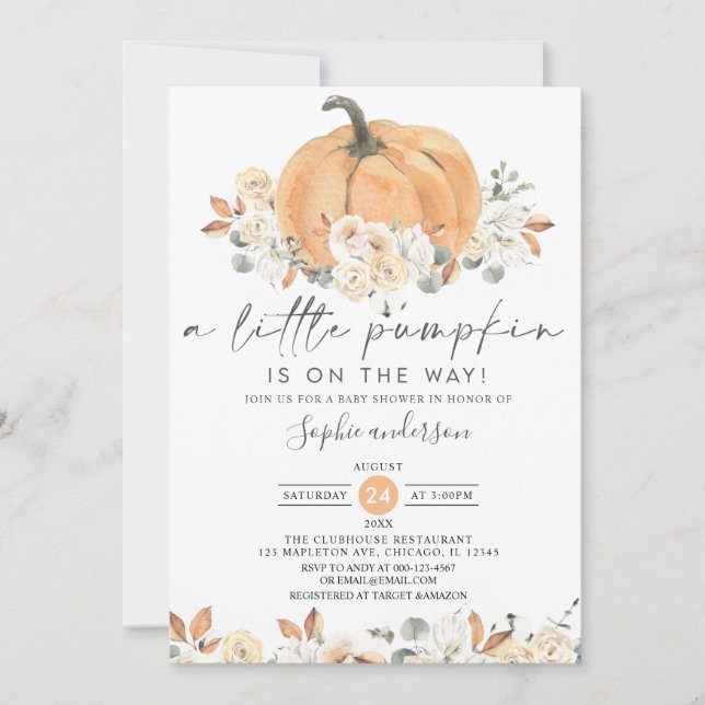 Autumn Floral A Little Pumpkin Fall Baby Shower In Invitation (Front)