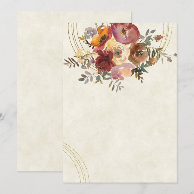 Autumn floral and gold blank wedding invitation (Front/Back)