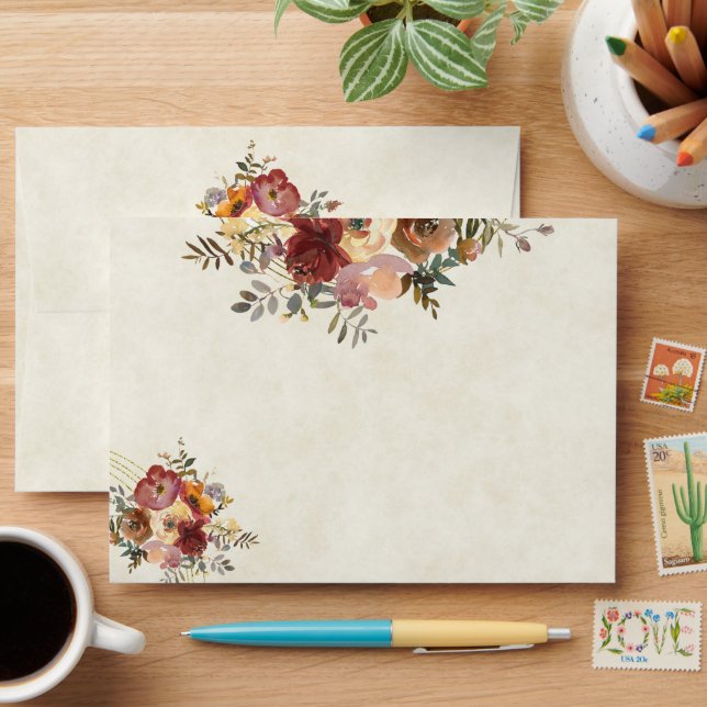 Autumn floral and gold blank wedding invitation envelope (Desk)