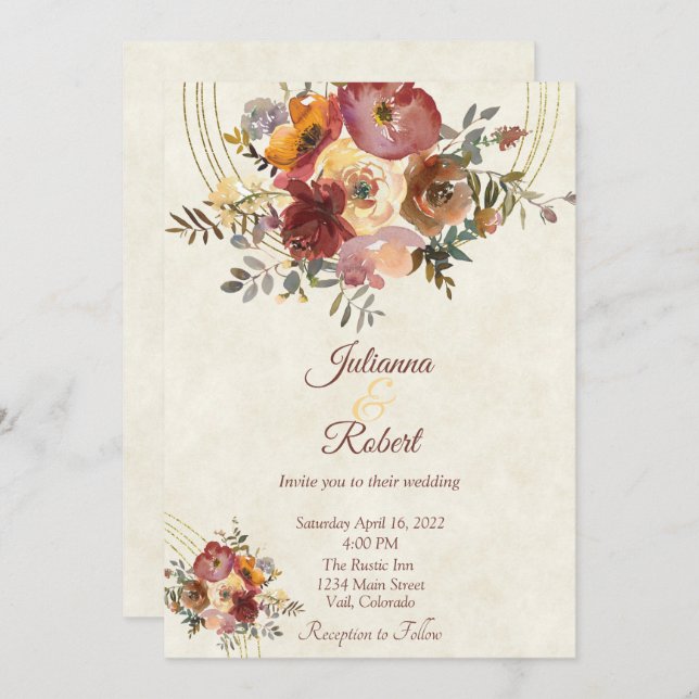 Autumn floral and gold custom wedding invitation (Front/Back)