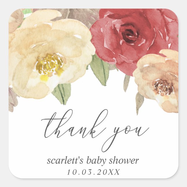 Autumn Floral Baby Shower Favour Thank You Square Sticker (Front)