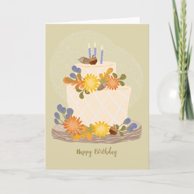 Autumn Floral Birthday Cake Card -Green BG (Front)