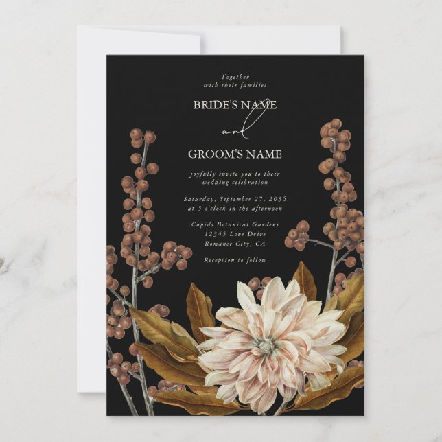 Autumn Floral Black Watercolor Fall Wedding Invitation (Front)